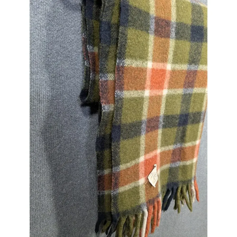 Vintage Faribo Fluff-Loomed Wool Blanket Green Orange Fringe 46x56 Throw EUC